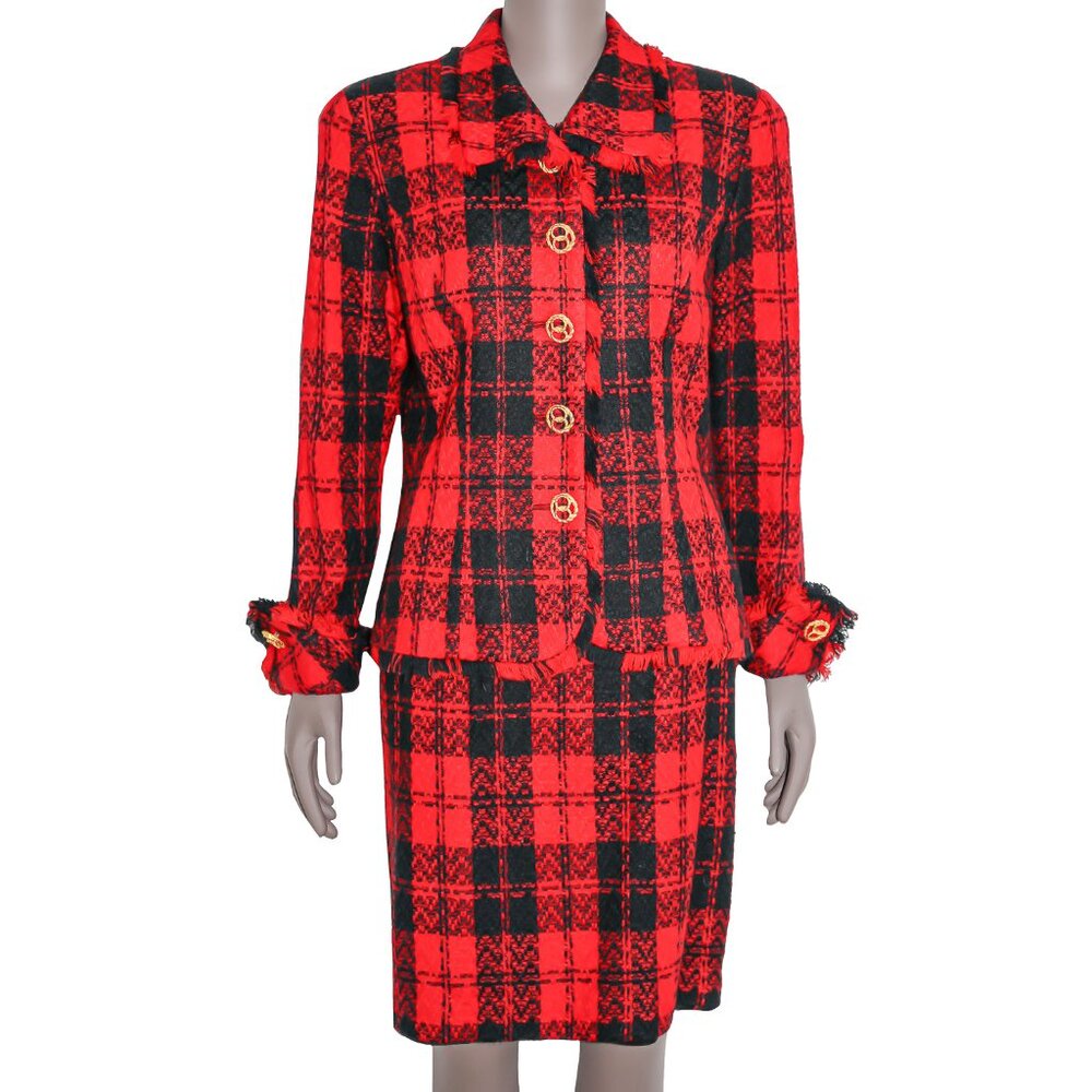 Vintage 80s Red Black Plaid Skirt Suit Matching Set Formal Evening Work Office
